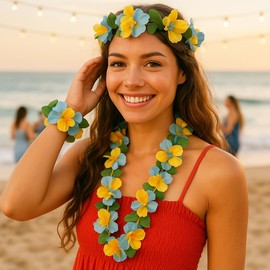 ZKGYUS 2 Pieces Hawaiian Flower Necklace, Hawaiian Chain Hair Band Bracelets Set, Tropical Luau Flowers Lei for Dress, Hawaiian Party Mallorca Decoration, Birthday Party Accessories