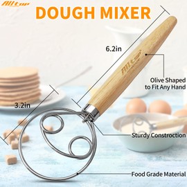 ALLTOP Danish Dough Whisk - Ultimate Dutch Mixer Hand Utensil with Stainless Steel Dough Hook - Essential Sourdough Stirring Stick for Perfect Bread Making Tool