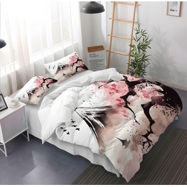 CXYXHW Cherry Blossom Bedding Set, Japanese Sakura Duvet Cover, Ink Painting Style Microfibre Duvet Cover Set 3-Piece for Children, Duvet Covers with 2 Pillowcases (Cherry Blossom 3, 135 x 200 cm)