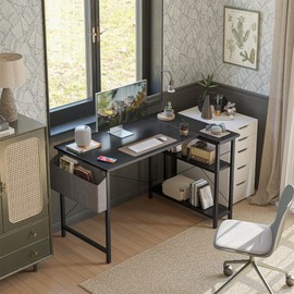 TENKIA L Shaped Desk, 40" Small Reversible Corner Computer Desk with Storage Shelves, Home Office Desk Study Writing Table, Black