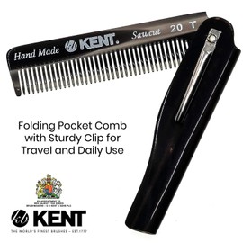 Kent 20T Black Graphite Handmade Folding Pocket Comb for Men, Fine Tooth Hair Comb Straightener for Everyday Grooming Styling Hair, Beard or Mustache, Use Dry or with Balms, Saw Cut, Made in England