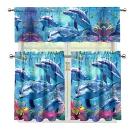ZOUTAIRONG Dolphin Blue Ocean Curtain and Valances Set 3 Piece Blackout Curtain Valances for Kitchen Windows/Bathroom/Living Room/Bedroom Decor Short Curtains Panels - S Highland Cattle