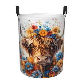 Highland Cow Laundry Basket Colorful Daisy Hamper Clothes Storage Bucket Animal Flower Foldable Waterproof Oxford Cloth Funny Tote Bag Plants Floral Dirty Clothe Organizer Bin For Bathroom Bedroom
