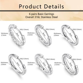 Gold Hoop Earrings for Women, 6 Pairs - 8mm Small Huggie Hoop Earrings, Stainless Steel Earring Lightweight, Dainty Gold Earring Set for Multiple Piercing Cartilage Earring