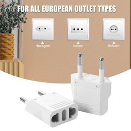 2 Pack European Travel Plug Adapter, TENINYU US to Europe Adapter Wall Plug Power Outlet Converter America USA Italy Spain Germany France EU, White