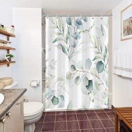 Uiiooazy Green Leaves Shower Curtain, Eucalyptus Leaf Plants Pattern, Bathtub Curtains, Anti-Mould, Waterproof, Polyester Fabric, Washable, Bathroom Curtain with Hooks, 150 x 180 cm