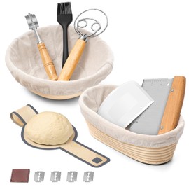 P&P CHEF Sourdough Bread Baking Supplies, 9” Round & 10” Oval Sourdough Proofing Baskets Starter Kit, Bread Making Tool Set with Cloth Liner Bread Lame Scraper Brush Dough Whisk