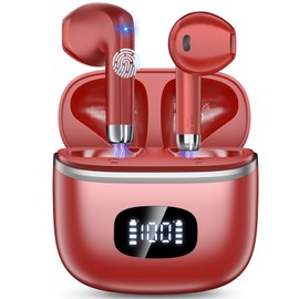 Bluetooth Headphones, Wireless Bluetooth 5.3 Headphones with 4 ENC Noise Cancelling Mic, Wireless HiFi Stereo, LED Display, 40 Hours Playtime, USB-C, In-Ear Earphones for Work, Game, Sports, Red