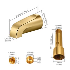 Brushed Gold Bathtub Spout Without Diverter, All Metal,5.3 Inch Tub Spout, Fits 1/2" Copper Slip-On and 1/2" or 3/4" IPS Threaded Pipes, Leak-Free, Slip Fit Tub Spout Without Diverter