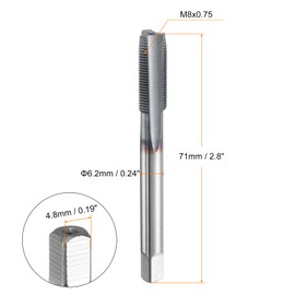 HARFINGTON M8x0.75 Metric Thread Tap 6542 Cobalt High-Speed Steel TiCN Coated Plug Tap Right Hand Straight Flutes Screw Threading Hand Tap