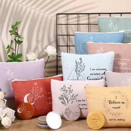 Kacctyen 24 Pcs Positive Affirmation Gift Set 12 Inspirational Canvas Makeup Bags 12 Daily Affirmations Mirrors Bulk Employee Appreciation Gifts for Women Stress Relief Self Care Gift (Morandi)