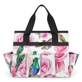 Hummingbird Flower Rose Garden Tool Bag Waterproof Gardening Tool Storage Bag with Handle & 10 Pockets Gardening Tote Bag for Women Garden Tool Organizer