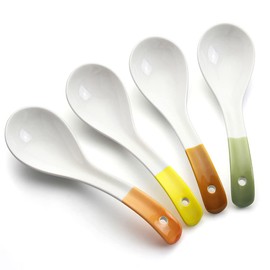 YFWOOD 4pcs Astragalus Spoons, 6.3 inches (16 cm), Ceramic Flower Soup Spoon, Curved Shape, Long Handle, Dinner Spoon, Curry, Ramen, Cooking, Commercial Use, Family Use