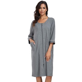 COLORFULLEAF Women's Bathrobe with Zip Lightweight Dressing Gown 100% Cotton House Coat 3/4 Sleeve Nightdress with Pockets, darkgray