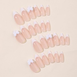 White Bow Press on Nails Medium Almond Shaped Fake Nails French Tip Full Cover Glue on Nails Pink White Glossy Pearl Designs 24 Pcs Cute False Nails Stick on Nails for Women Girls Nail Decorations