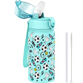 GOPPUS 420 ml/14 oz Children's Insulated Water Bottle with Straw Double-Walled Stainless Steel Children's Bottle Vacuum Insulated Steel Metal Leak-Proof Drinking Bottle Toddler Thermos Flask BPA-Free