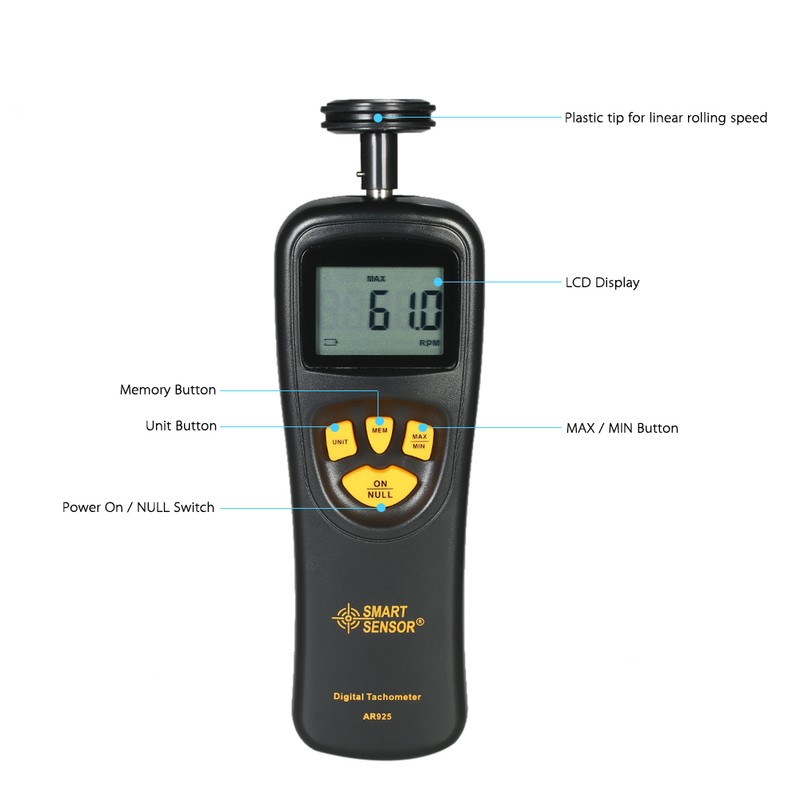 SMART SENSOR Handheld Contact LCD Digital Tachometer Speedometer Tach Meter