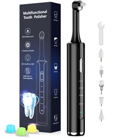 Tooth Polisher, Rechargeable Teeth Polisher with 5 Brush Heads, 4 Speed Modes, Dental Polisher for Whitening and Polishing, LED Light, 3 Polish Pastes, IPX6 Waterproof Teeth Cleaning Tools, Black