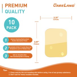 Careland Hydrocolloid Bandages Large - 2.32"x3.07" 10 Pack Highly Absorbent Hydrocolloid Dressing | Sterile Waterproof Wound Care Dressing | 2X Faster Healing