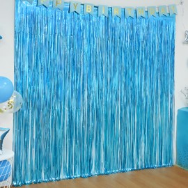 LOLStar 10 Pack Light Blue Themed Party Decorations, 3.3x6.6 ft Gold Foil Fringe Curtains, Tinsel Backdrop, Wedding or Engagement Photo Booth Prop Streamer Backdrop for Summer Pool, Baby Shower