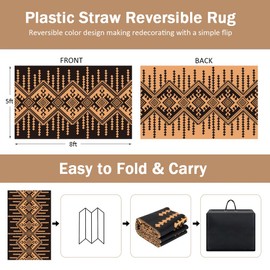 GEUOYEE Reversible Mats - 5' x 8' Outdoor Rug, Plastic Straw Rug, Modern Area Rugs, Large Floor Mat for Outdoors, RV, Garden, Patio, Backyard, Deck, Picnic, Beach, Camping, Black & Brown