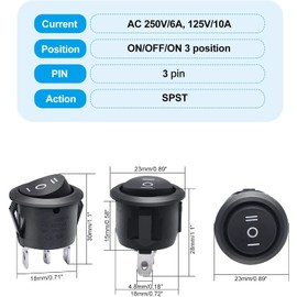 Taiss/8Pcs Round Rocker Toggle Switch Black AC 250V/10A 125V/12A ON/OFF/ON 3 Pin 3 Position SPDT Latching KCD1-5-103-BK