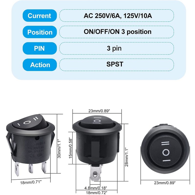 Taiss/8Pcs Round Rocker Toggle Switch Black AC 250V/10A 125V/12A ON/OFF/ON