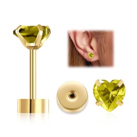 Heart Flat Back Stud Earrings for Women Girls, 5mm Birthstone Stud Earrings Hypoallergenic Flat Back Stud Earrings Stainless Steel Cartilage Earrings Brilliant Handmade Screw Back Earrings (Aug-Peridot)