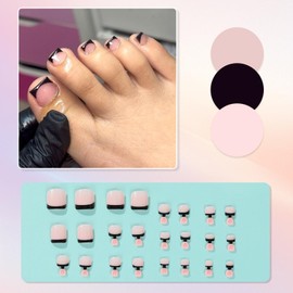 Viugex 24Pcs Pink French Tip False Toenails, Short Square Nude Pink Press on Toenails, Glossy Reusable Artificial Fake Toe Nails, Summer Beach Acrylic Full Cover Stick on Toe Nails for Women Girls