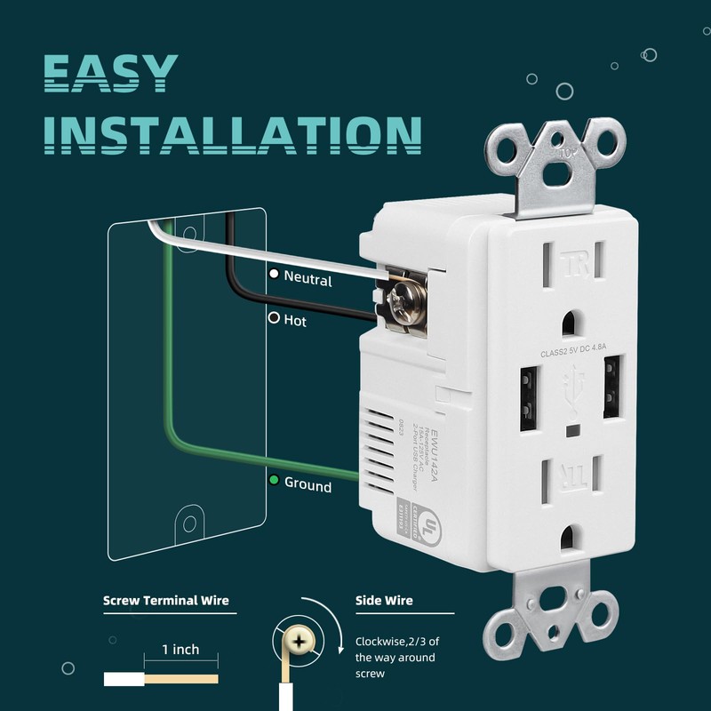 TOPELER 2Pack USB Wall Outlet, Receptacle Outlet with 4.8A Charging