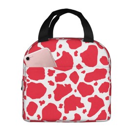 HUZEIMINniu Red And White Cow Print Lunch Bag Tote Bag Portable Insulated Reusable Lunch Box For Office Work Camping Travel Picnic Beach Fishing For Adult
