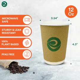 ECO SOUL 12oz Compostable Ripple Cups (100 Pack) – Biodegradable Paper Cups, Non-Toxic Disposable Cups for Hot Drinks, To-Go Coffee Cups, Eco-Friendly & Ripple Paper Cups