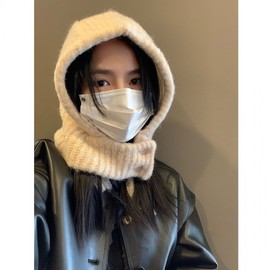 Balaclava Hat Winter Neck Warmer Women's Hooded Scarf Beanie (One Size, lf3426) Beige Button 30ea