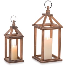 Staymoment Wooden Lanterns Decorative Indoor Set of 2: Hanging Farmhouse Lantern Candle Holder for Table Centerpiece Fireplace Mantle Shelf Home Decor Wedding Decoration