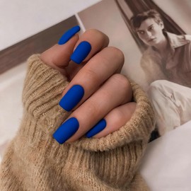 Matte Royal Blue Press on Nails Short Medium Square Glue on Nails Set, Xcreando Summer Square Fake Nails Short Coffin Nail Press ons Gel Medium Length For Women 24 Pcs