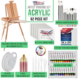 US ART SUPPLY 121-Piece Custom Artist Painting Kit with Coronado Sonoma Easel, 24-Tubes Acrylic Colors, 24-Tubes Oil Painting Colors, 24-tubes Watercolor Painting Colors, 2-each 16"x20" Artist Quality Stretched Canvases, 6-each 11"x14" Canvas Panels, 11"