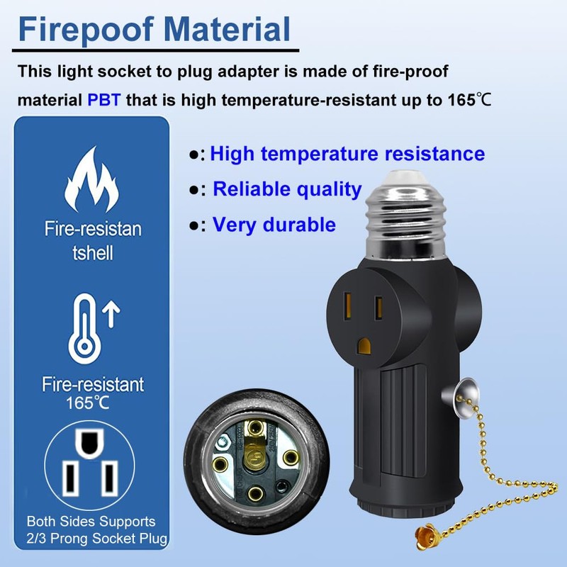 Light Socket to Plug Adapter,E26/E27 3 Prong Light Bulb Outlet