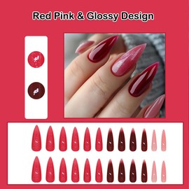 ANDGING Red Pink Press on Nails Almond Medium Long Glue on Nails for Women Glossy Fake Nails with Designs Classy Acrylic Manicure Stick on Nails for Wedding Full Cover Aesthetic Gel False Nails