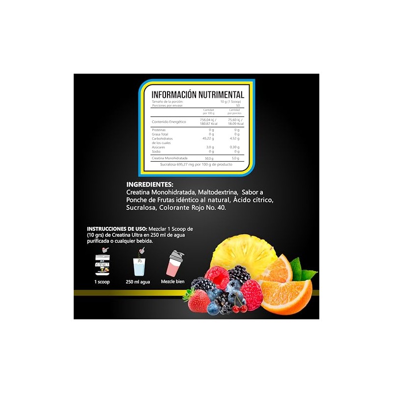 BHP NUTRITION- CREATINA ULTRA MONOHIDRATADA SABOR PONCHE 500grs