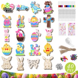 Pack of 40 Easter Crafts Children, Wooden Pendants Easter for Painting, Easter Decoration Crafts Children, Craft Set Easter Children, Easter Pendant Wood, with 12 Watercolour Pens, Rhinestones,
