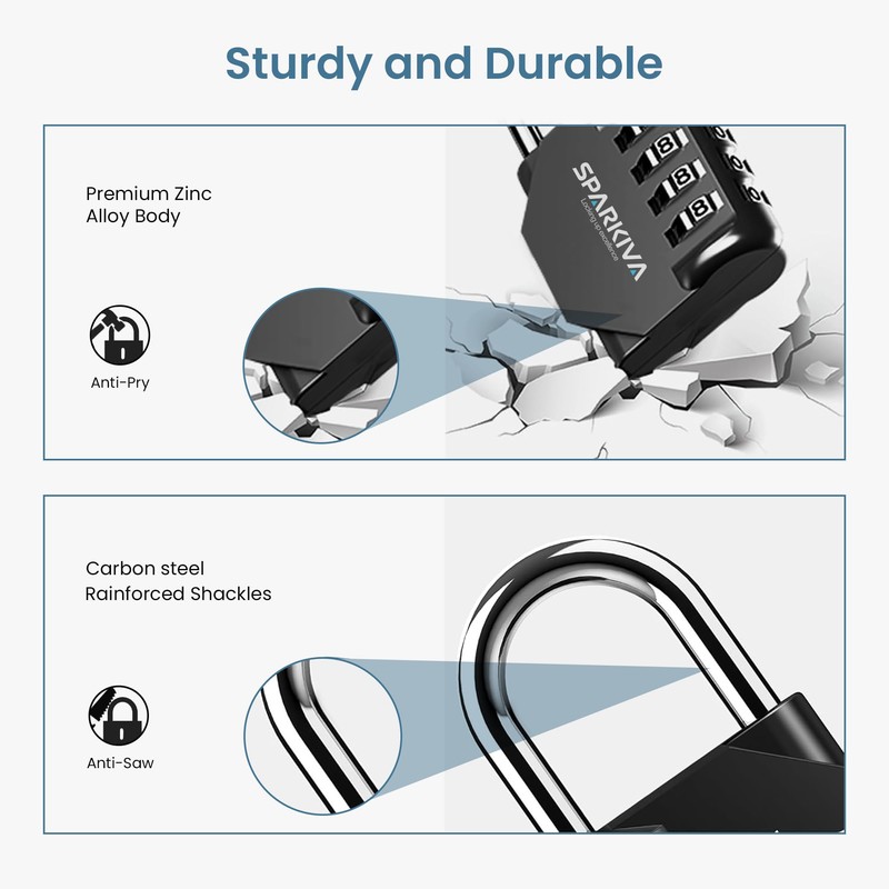 Sparkiva Black 4 Digit Combination Padlock for Gym Locker -