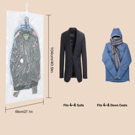 QH7 Vakuumbeutel zum Aufhängen, platzsparende Vakuumbeutel für Kleidung, Anzüge, Kleider, Mäntel oder Jacken, transparenter und wiederverwendbarer Schrank-Organizer mit 4 kurzen 105 x 70 cm