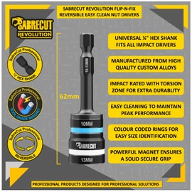 1 x SabreCut SCDIN10-13 Dual Size 10mm and 13mm Magnetic 62mm Long Reversable 2-in-1 Easy Clean Impact Rated Hex Head Nut Socket Driver for Drills and Impact Drivers