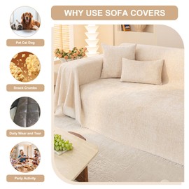 STACYPIK Soft Chenille Beige Couch Cover for Dog Pet Friendly Sofa Cover Loveseat Cover Non Slip Couch Protector for 3 Cushion Couch L Shaped Cover Washable Sofa Slipcover Multi-Use Blanket-71X150IN