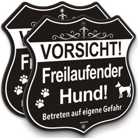Hier Wache ich Hund | Pack of 2 Vorsicht Freilaufender Hund Sign | Ashoaza Vorsicht Dog Sign Aluminium 20 x 20 cm | Warning of the Dog Signs for Indoor and Outdoor Use