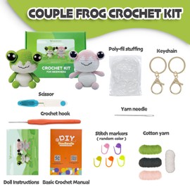 Couple Frogs Crochet Kit for Beginners Intermediates, 2 Pcs Animals Crochet Starter Kit w Step-by-Step Video Tutorial, Easy Knitting Set for Kids Adults Crocheting Doll Xmas Gift