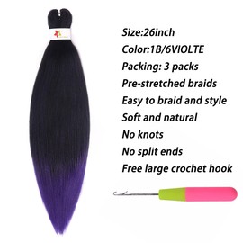 Pre-Stretched Braiding hair 26 Inch 3 Pack High Temperature Synthetic Extensions for Box Braids and Twists Wedding Makeup Styling (1B/VIOLET, 26inch)