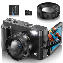 NSOELA 4K Digital Camera for Photography Auto-Focus Vlogging Camera for YouTube Video with 3'' 180° Flip Screen 16X Anti-Shake 4K Camera Compact Cameras with SD Card, Flash