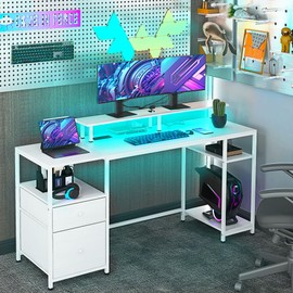 HOMCOM 61" Computer Desk with LED Lights, Power Outlets, USB Ports, Gaming Desk with Storage Shelves, Monitor Stand, Fabric File Cabinet Drawer & Remote for Home Office Study, Distressed White