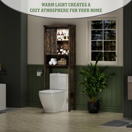 FREDEES Over The Toilet Storage Cabinet with Sliding Barn Door, Farmhouse Toilet Shelf Space Saver with Ceiling Light, Free Standing Over Toilet Bathroom Organizer, Dark Rustic Oak